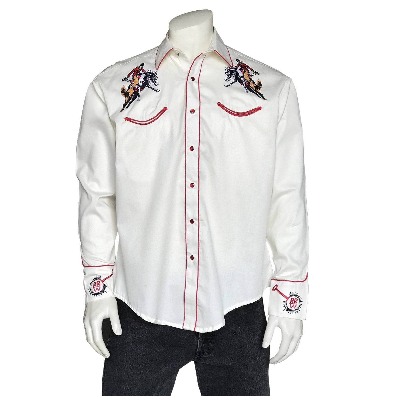 Rockmount Ranch Wear Mens Vintage Western Shirt Rockmount Bronc Logo Ivory Front