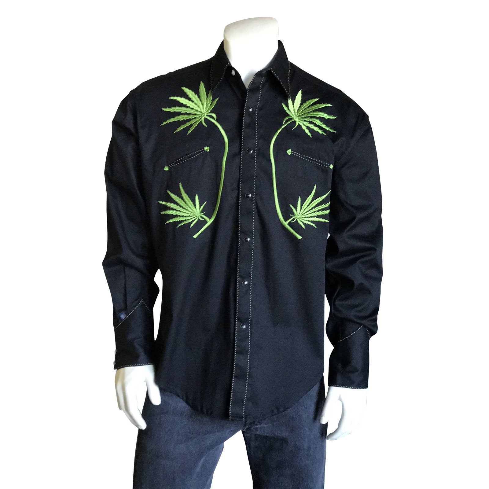 Vintage Inspired Western Shirt: Men's Rockmount Cannabis Cowboy Black Front on Mannequin