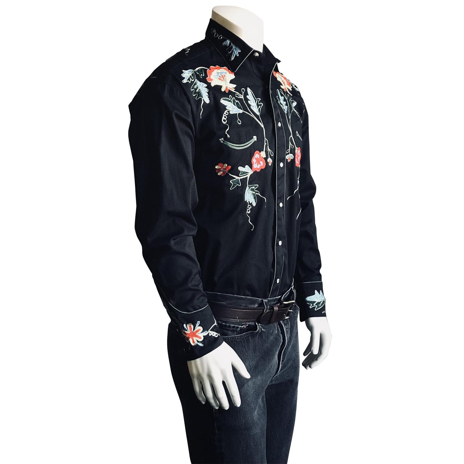 Rockmount Ranch Wear Men's Vintage Western Shirt Floral on Black Side