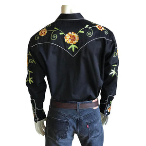 Rockmount Ranch Wear Men's Vintage Western Shirt Floral Embroidery on Black Back