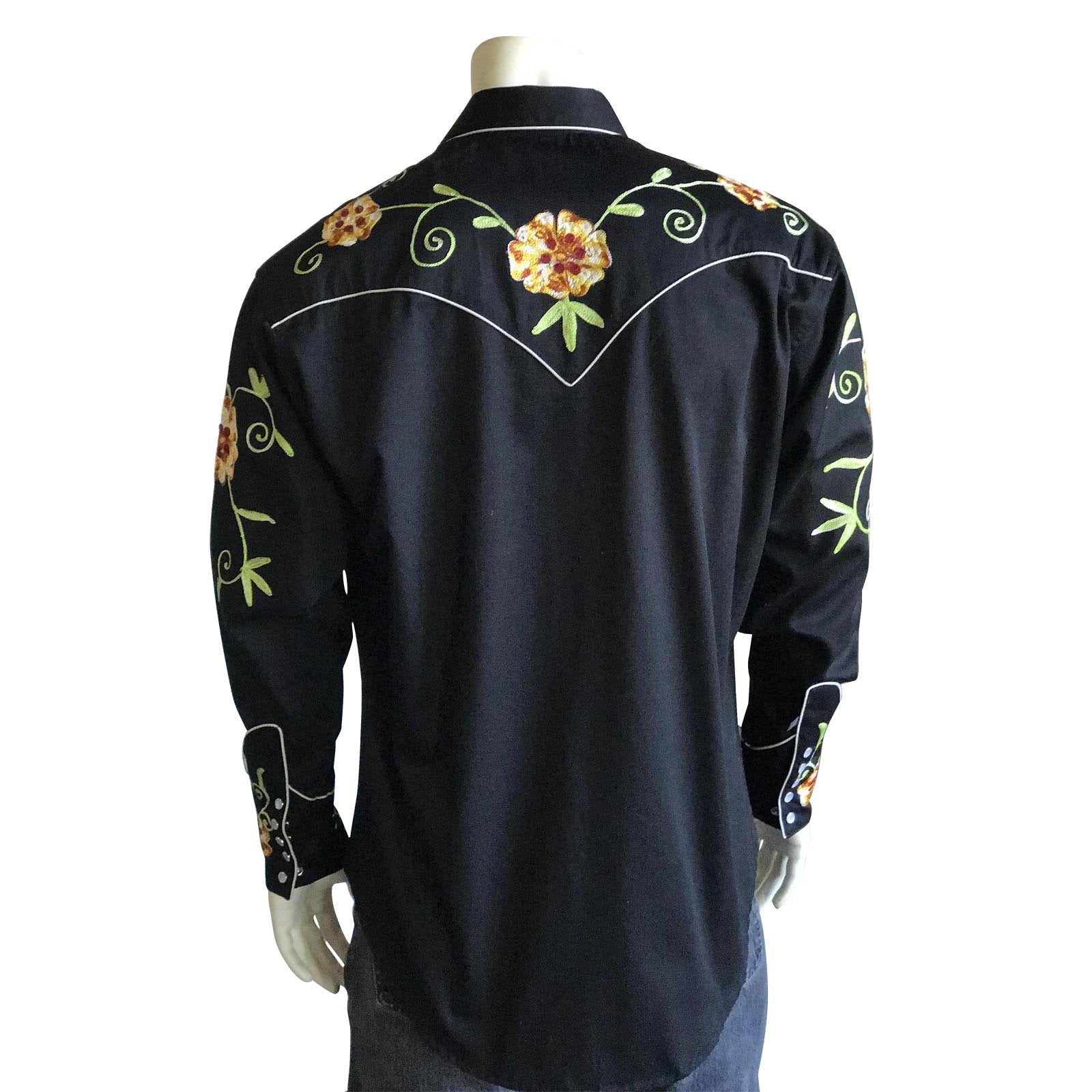 Rockmount Ranch Wear Men's Vintage Western Shirt Floral Embroidery on Black Back