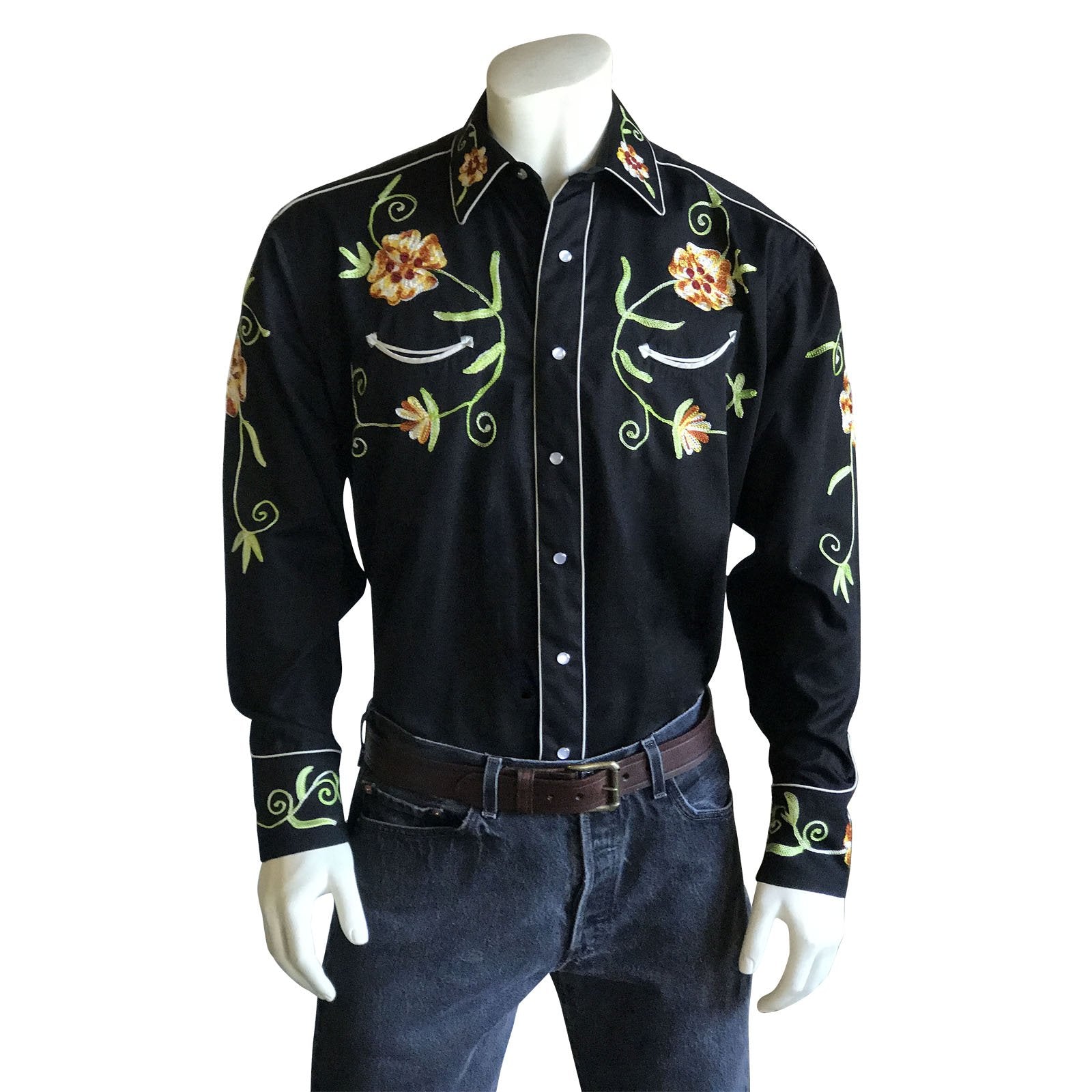 Rockmount Ranch Wear Men's Vintage Western Shirt Floral Embroidery on Black Front