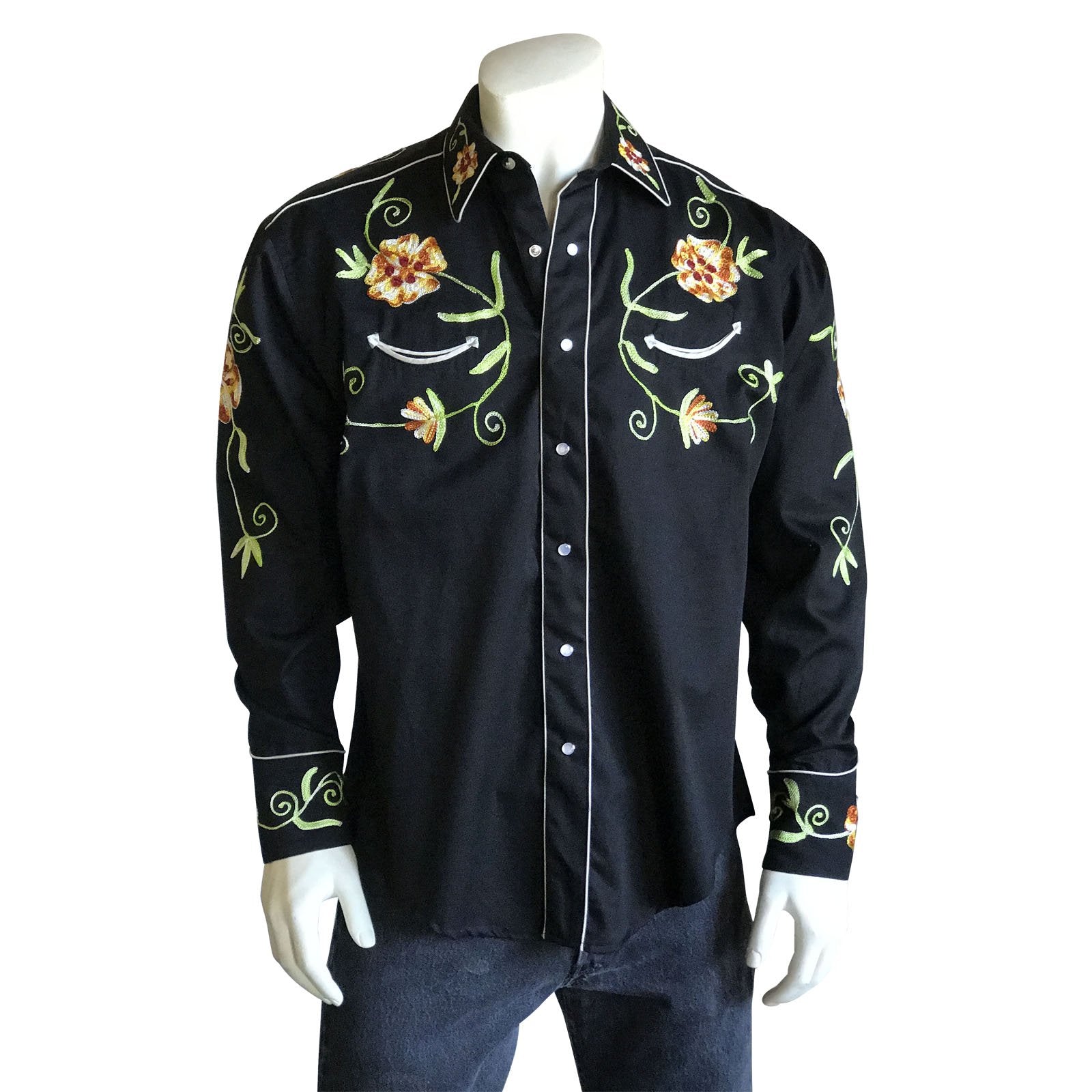 Rockmount Ranch Wear Men's Vintage Western Shirt Floral Embroidery on Black Front