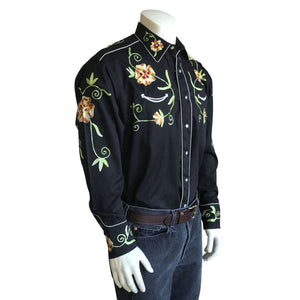 Rockmount Ranch Wear Men's Vintage Western Shirt Floral Embroidery on Black Side