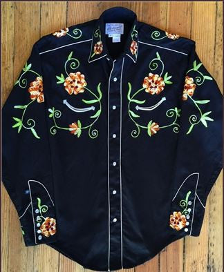 Rockmount Ranch Wear Mens Vintage Western Shirt Floral Embroidery on Black Front