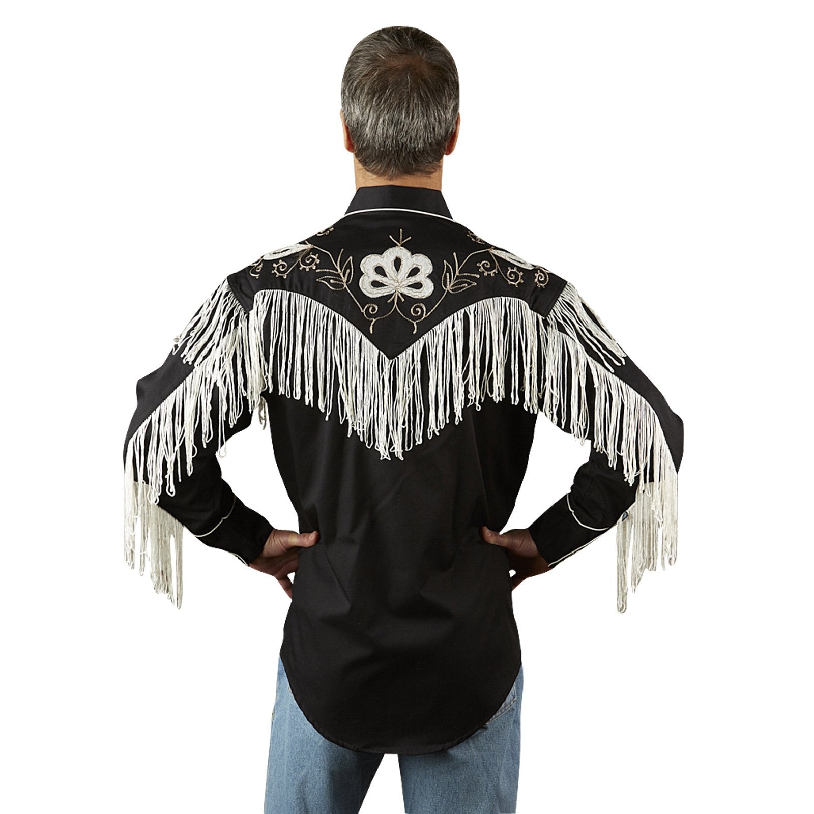 Vintage Inspired Western Shirt Men's Rockmount Fringe Black on Model Back