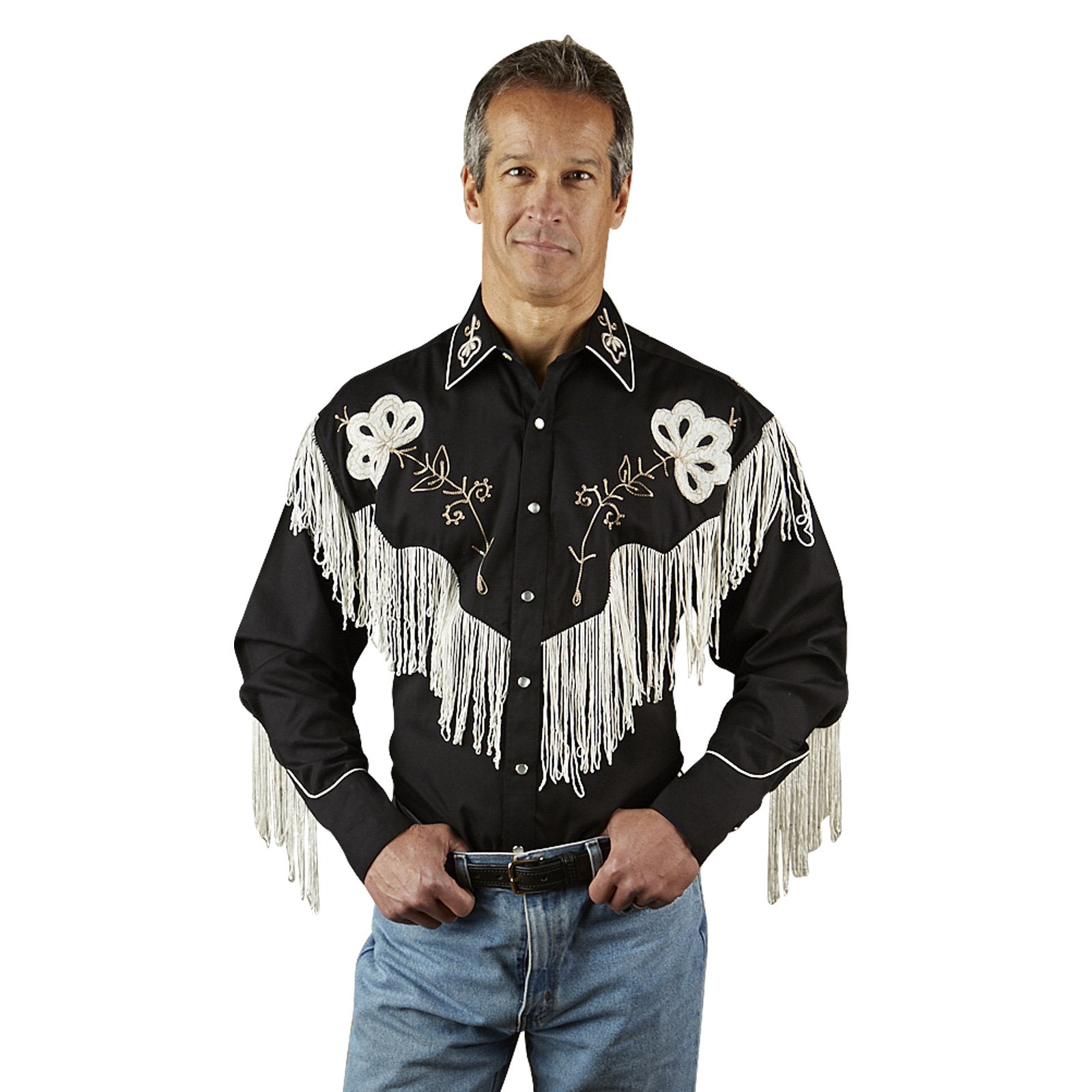 Vintage Inspired Western Shirt Men's Rockmount Fringe Black on Model