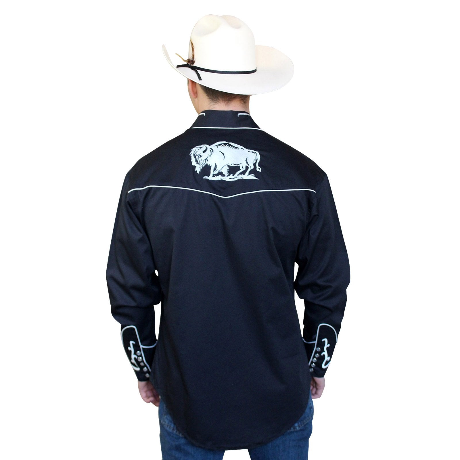 Rockmount Ranch Wear Men's Western Vintage White Bison on Black Front