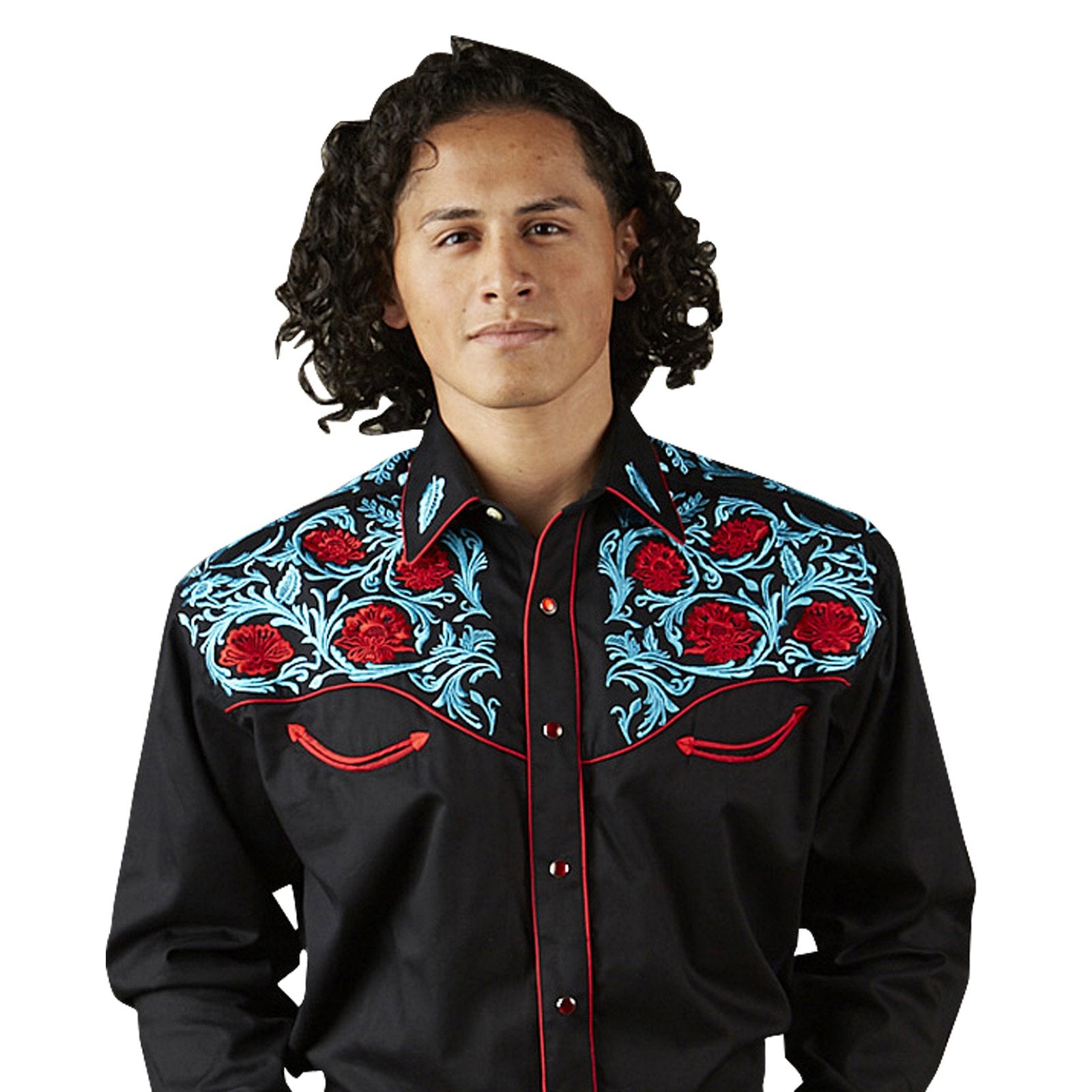Men's Vintage Western Shirt Collection: Rockmount Fancy Red Floral on Black