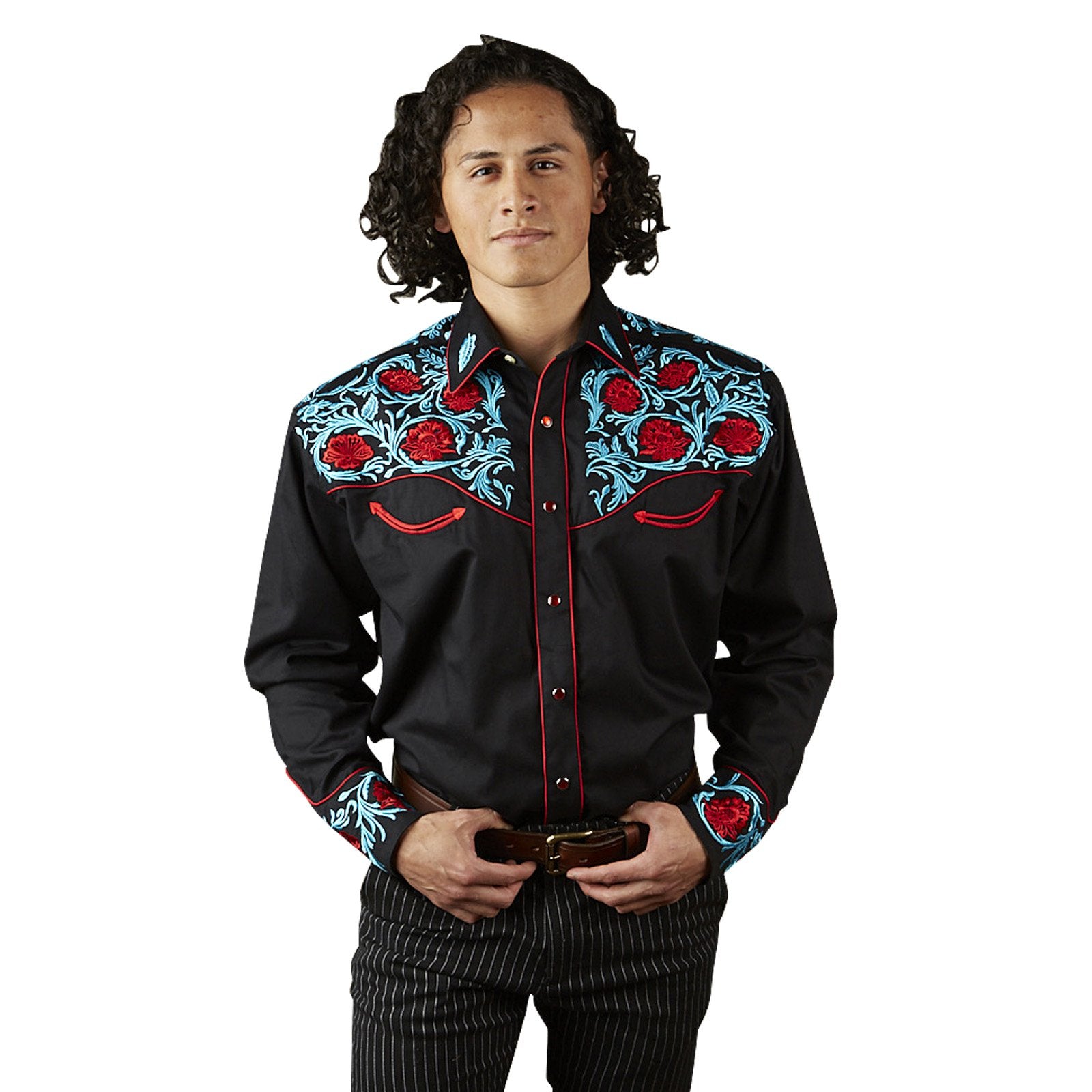 Rockmount Ranch Wear Men's Vintage Western Shirt Red Floral on Black Front