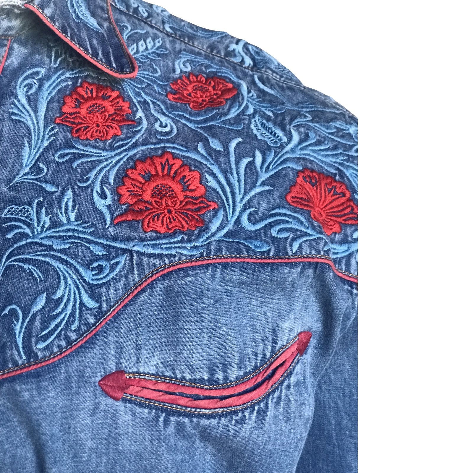 Rockmount Ranch Wear Men's Embroidered Roses on Denim Detail