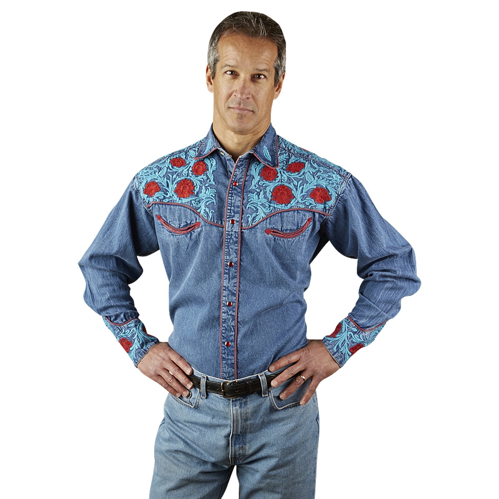 Rockmount Ranch Wear Men's Embroidered Roses on Denim Front