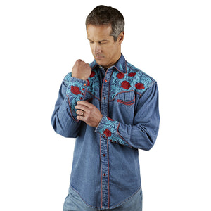 Rockmount Ranch Wear Men's Embroidered Roses on Denim Front
