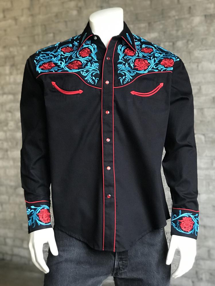 Rockmount Ranch Wear Men's Vintage Western Shirt Red Floral on Black Front