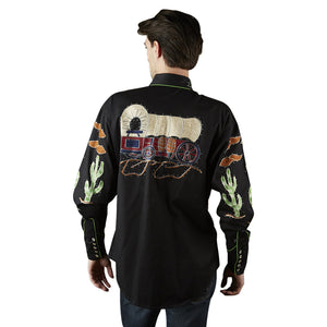 Vintage Inspired Western Shirt: Men's Rockmount Palm Trees & Wagon Wheels Front Black on Model Back