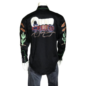 Vintage Inspired Western Shirt: Men's Rockmount Palm Trees & Wagon Wheels Back on Mannequin