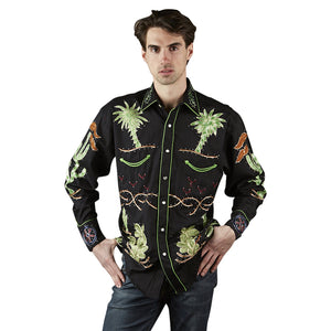Vintage Inspired Western Shirt: Men's Rockmount Palm Trees & Wagon Wheels Front Black on Model
