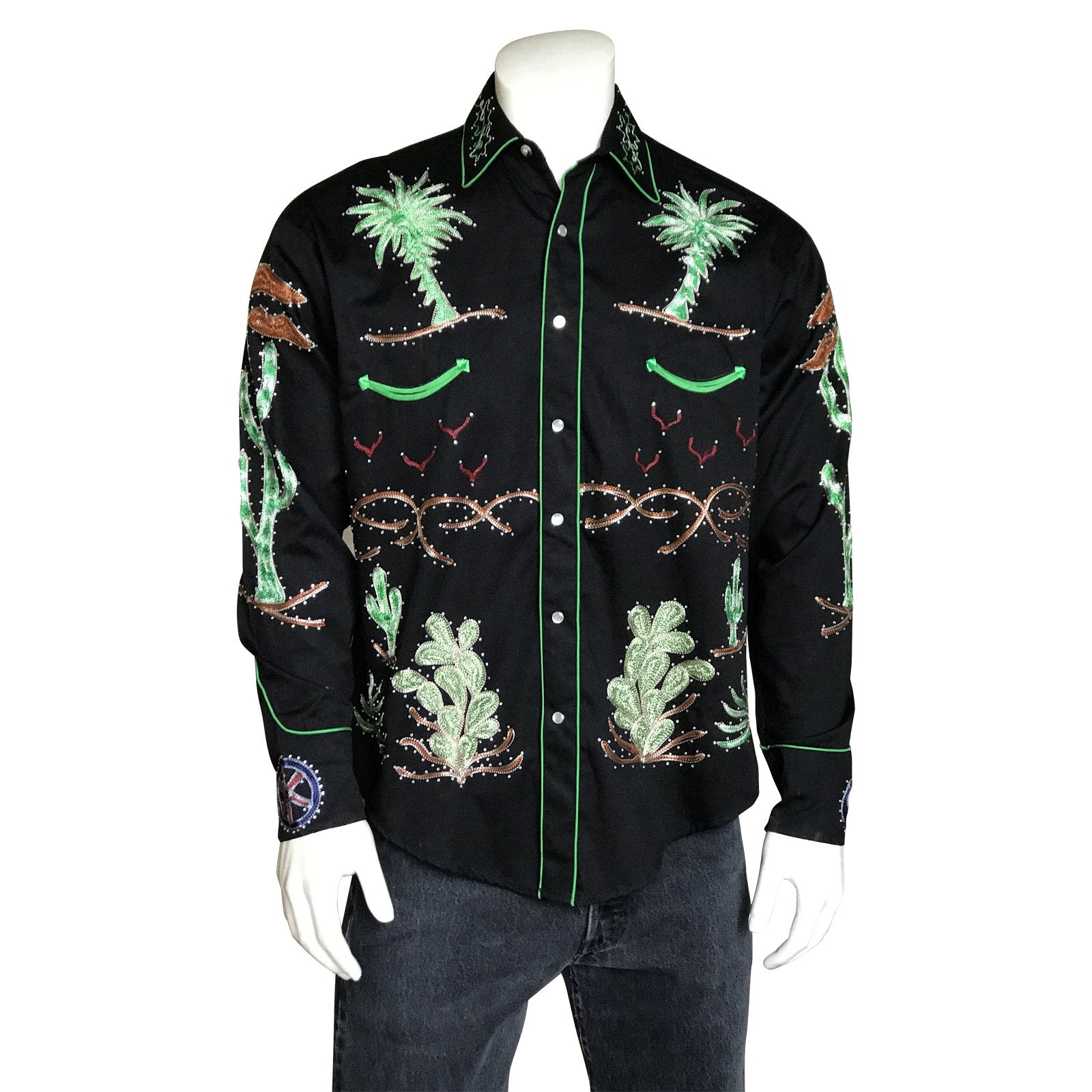 Vintage Inspired Western Shirt: Men's Rockmount Palm Trees & Wagon Wheels Front Black on Mannequin