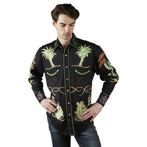Vintage Inspired Western Shirt: Mens Rockmount Palm Trees & Wagon Wheels Front Black on Model