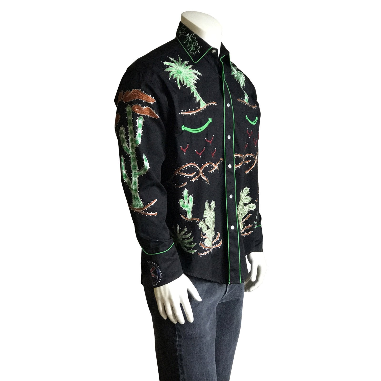 Vintage Inspired Western Shirt: Men's Rockmount Palm Trees & Wagon Wheels Side Black on Mannequin
