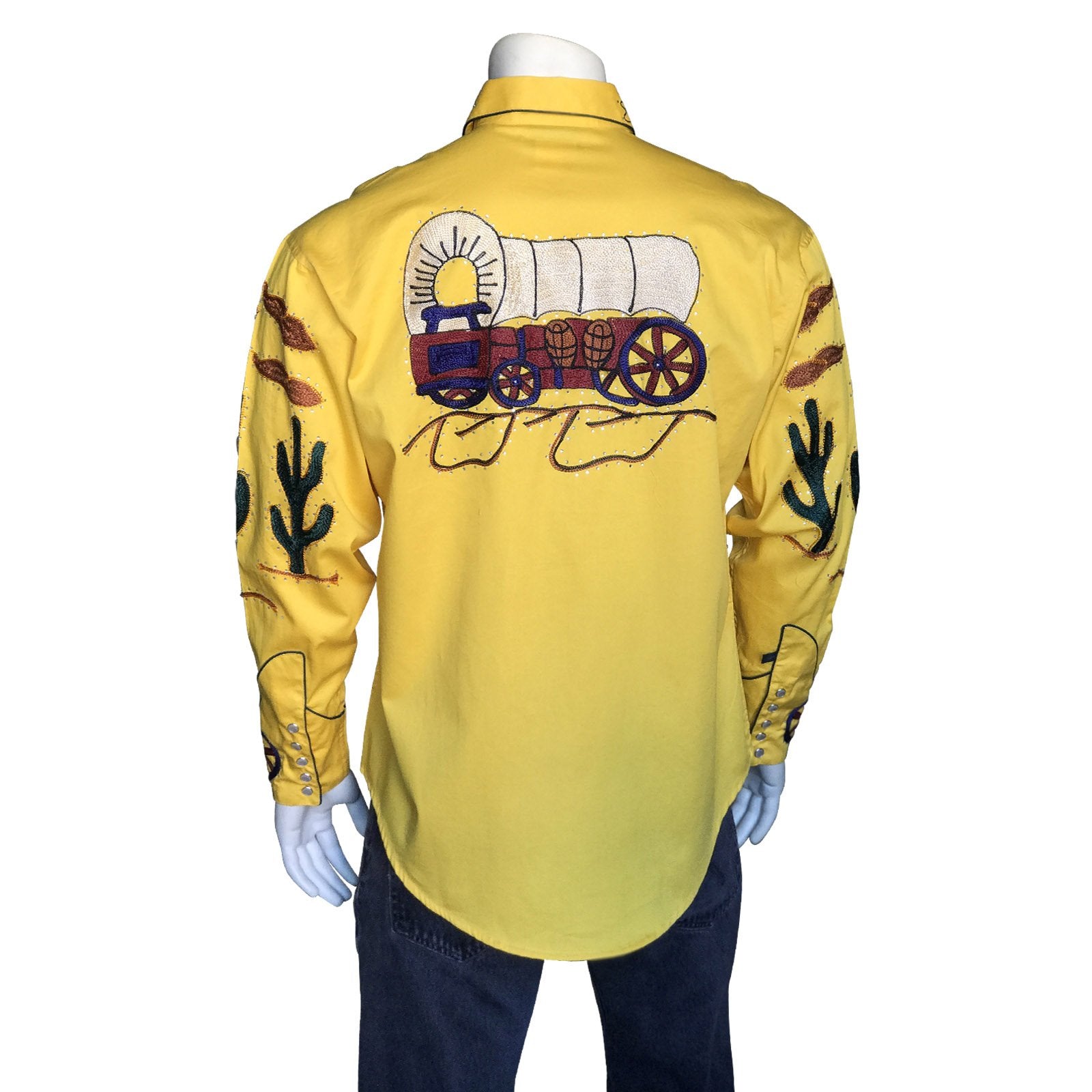 Vintage Inspired Western Shirt Men's Rockmount Embroidery Palm Trees Gold Back on Mannequin