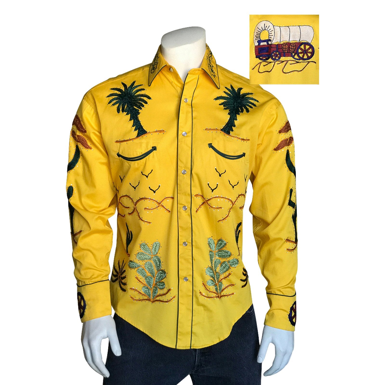 Vintage Inspired Western Shirt Men's Rockmount Embroidery Palm Trees Gold Front on Mannequin