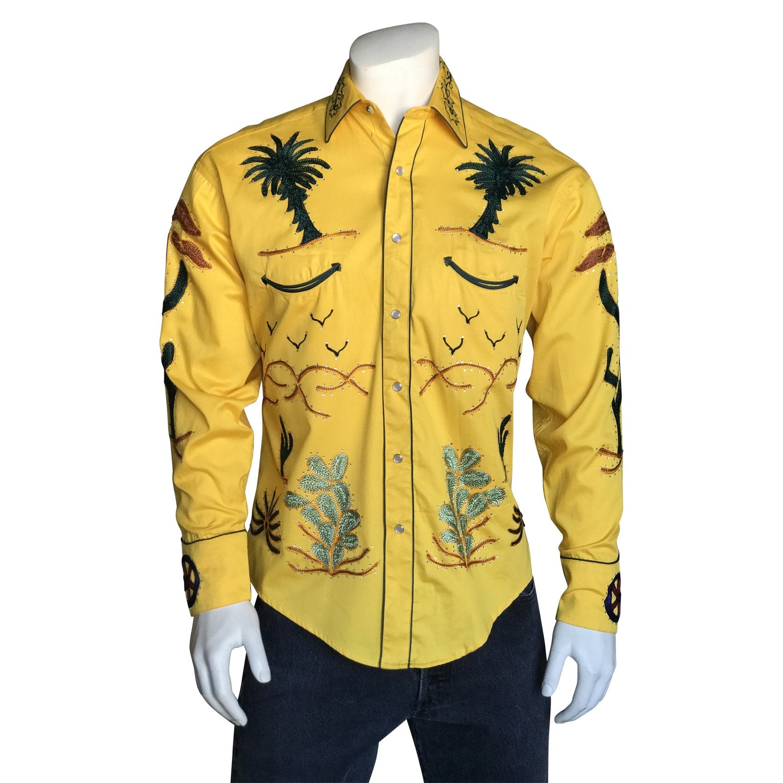 Vintage Inspired Western Shirt Men's Rockmount Embroidery Palm Trees Gold Back on Mannequin