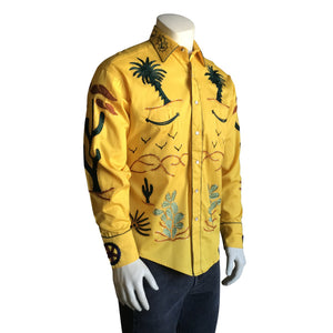 Vintage Inspired Western Shirt Men's Rockmount Embroidery Palm Trees Gold Back on Mannequin