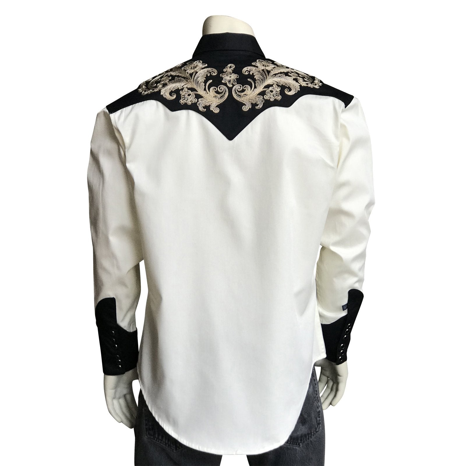 Rockmount Ranch Wear Men's Vintage Western Shirt Tan Floral on Black and Ivory Back