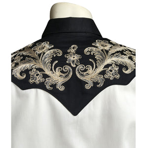 Rockmount Ranch Wear Men's Vintage Western Shirt Tan Floral on Black and Ivory Back Detail