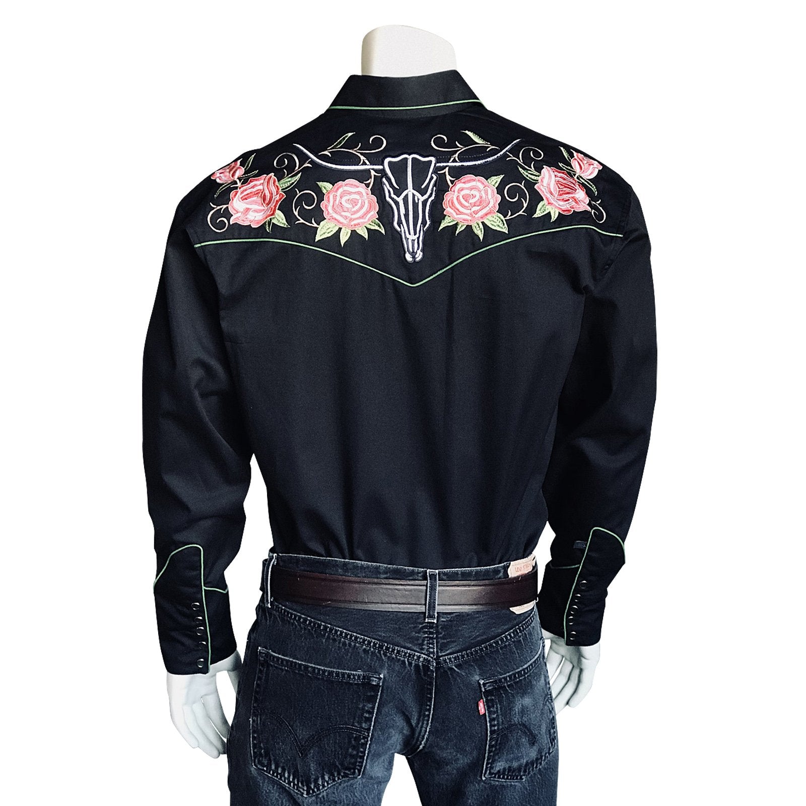 Rockmount Ranch Wear Mens Vintage Western Shirt Floral and Longhorn Steer Skull Black Back 