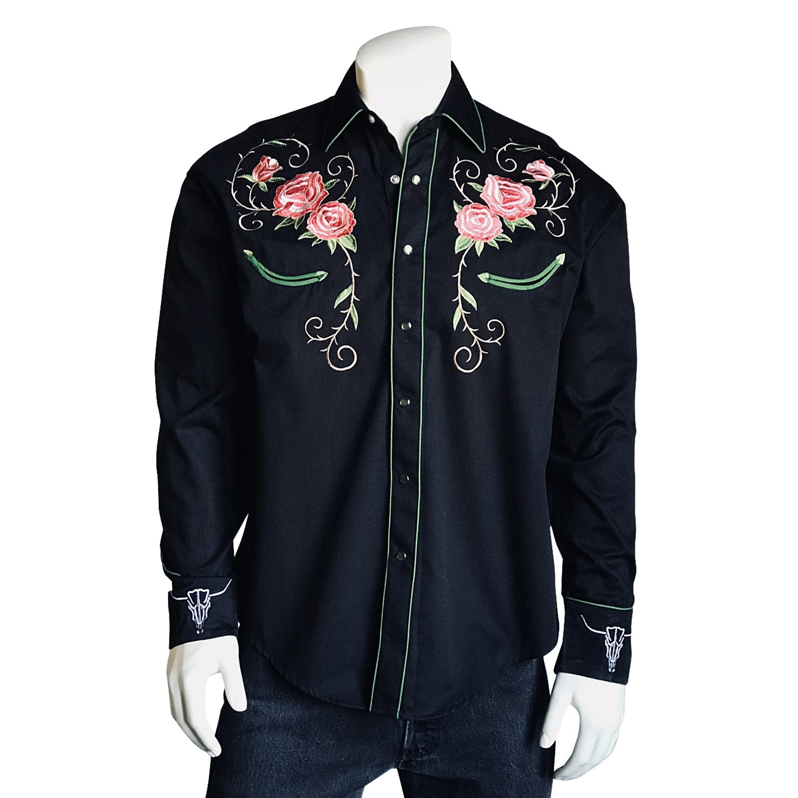 Rockmount Ranch Wear Mens Vintage Western Shirt Floral and Longhorn Steer Skull Front