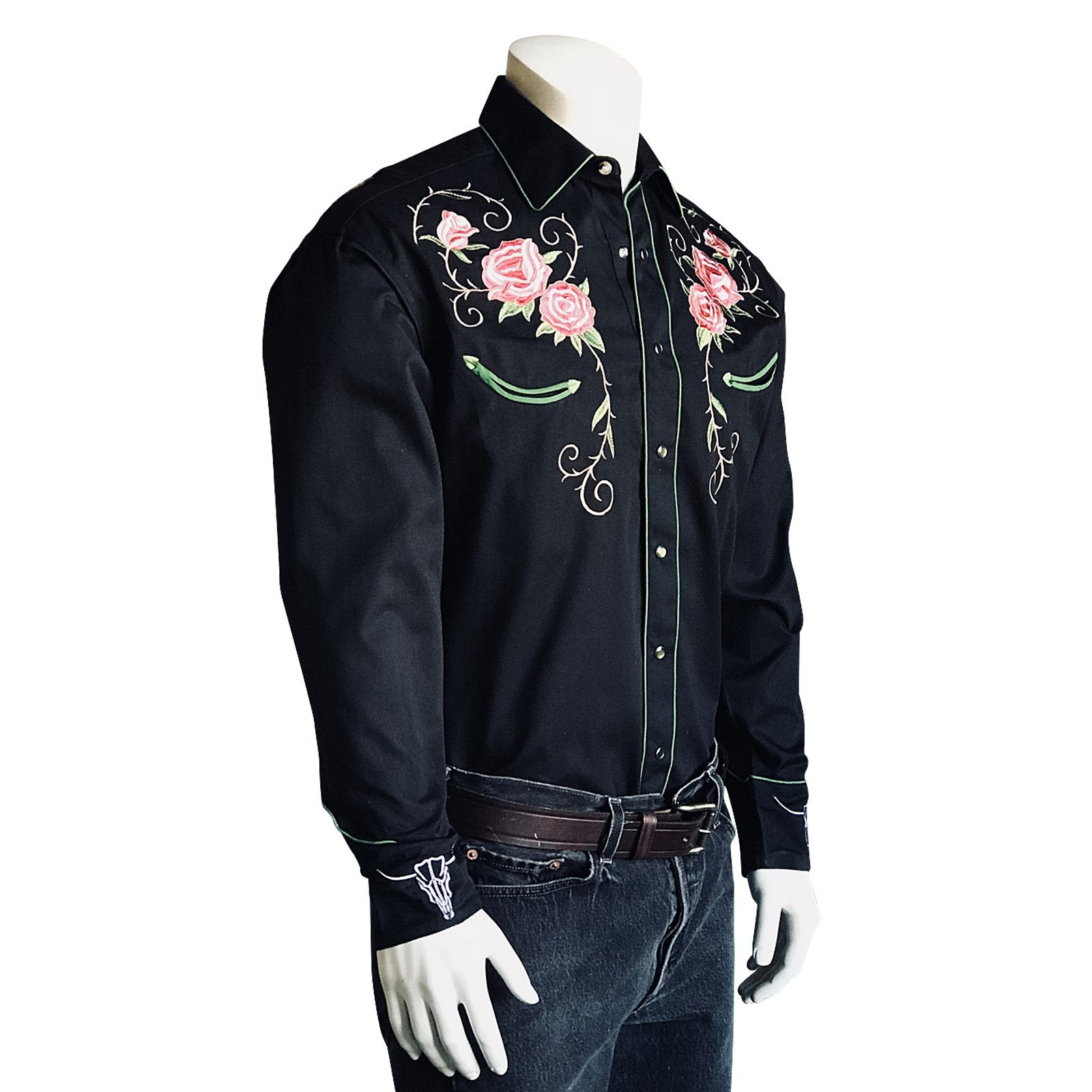 Rockmount Ranch Wear Mens Vintage Western Shirt Floral and Longhorn Steer Skull Black