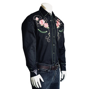Rockmount Ranch Wear Mens Vintage Western Shirt Floral and Longhorn Steer Skull Black