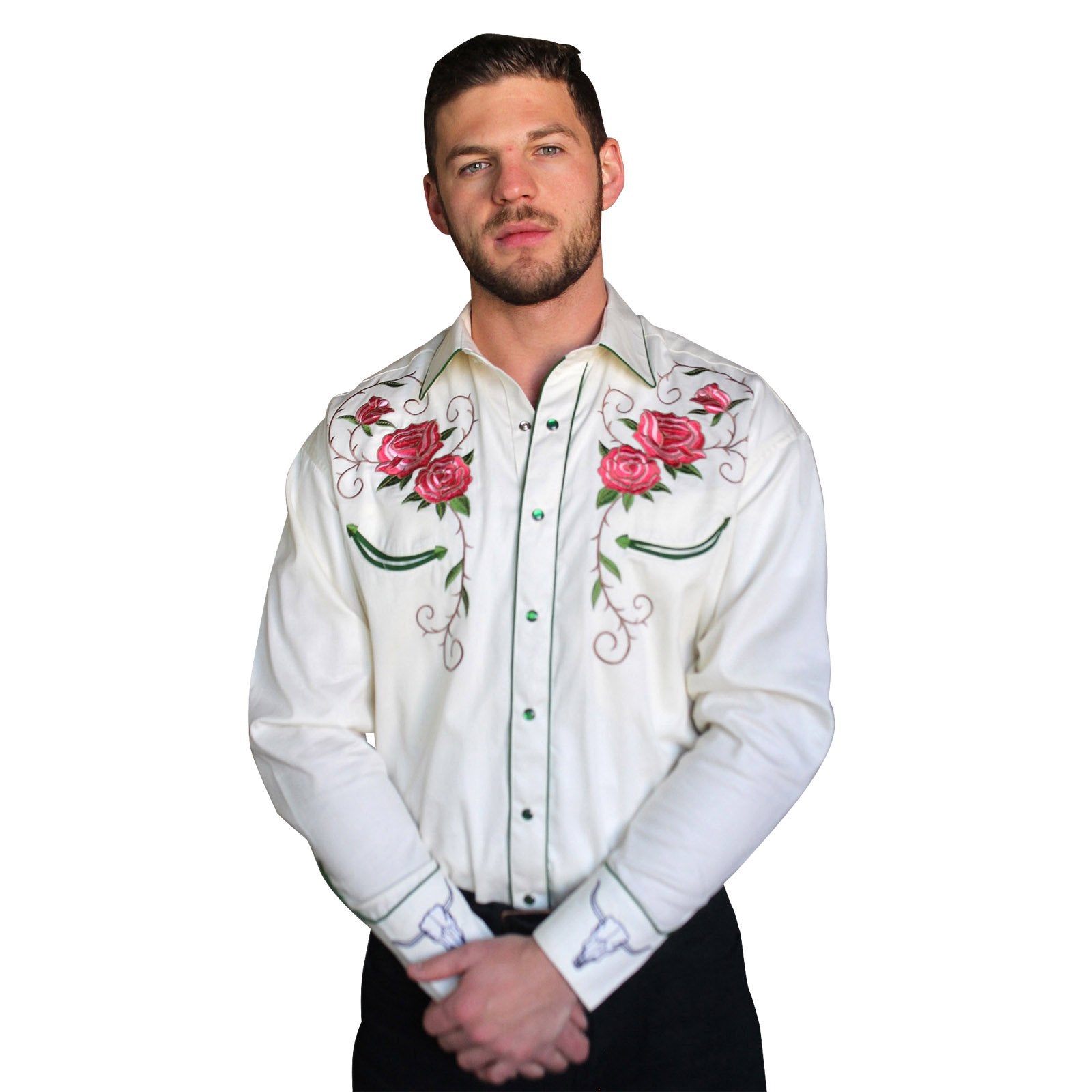 Rockmount Ranch Wear Mens Vintage Embroidery Floral and Longhorn Steer Skull Ivory Front