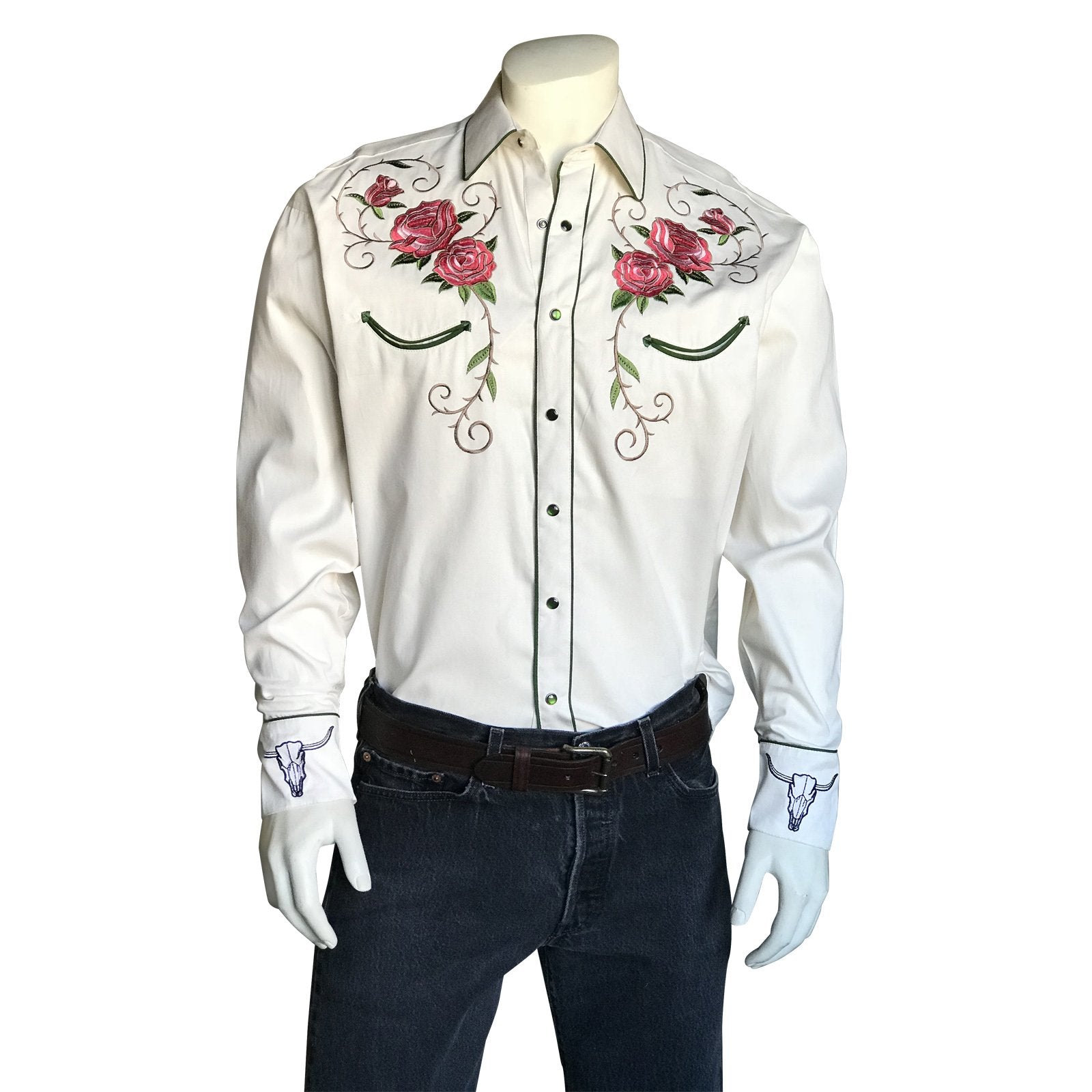 Rockmount Ranch Wear Mens Vintage Embroidery Floral and Longhorn Steer Skull Ivory Front
