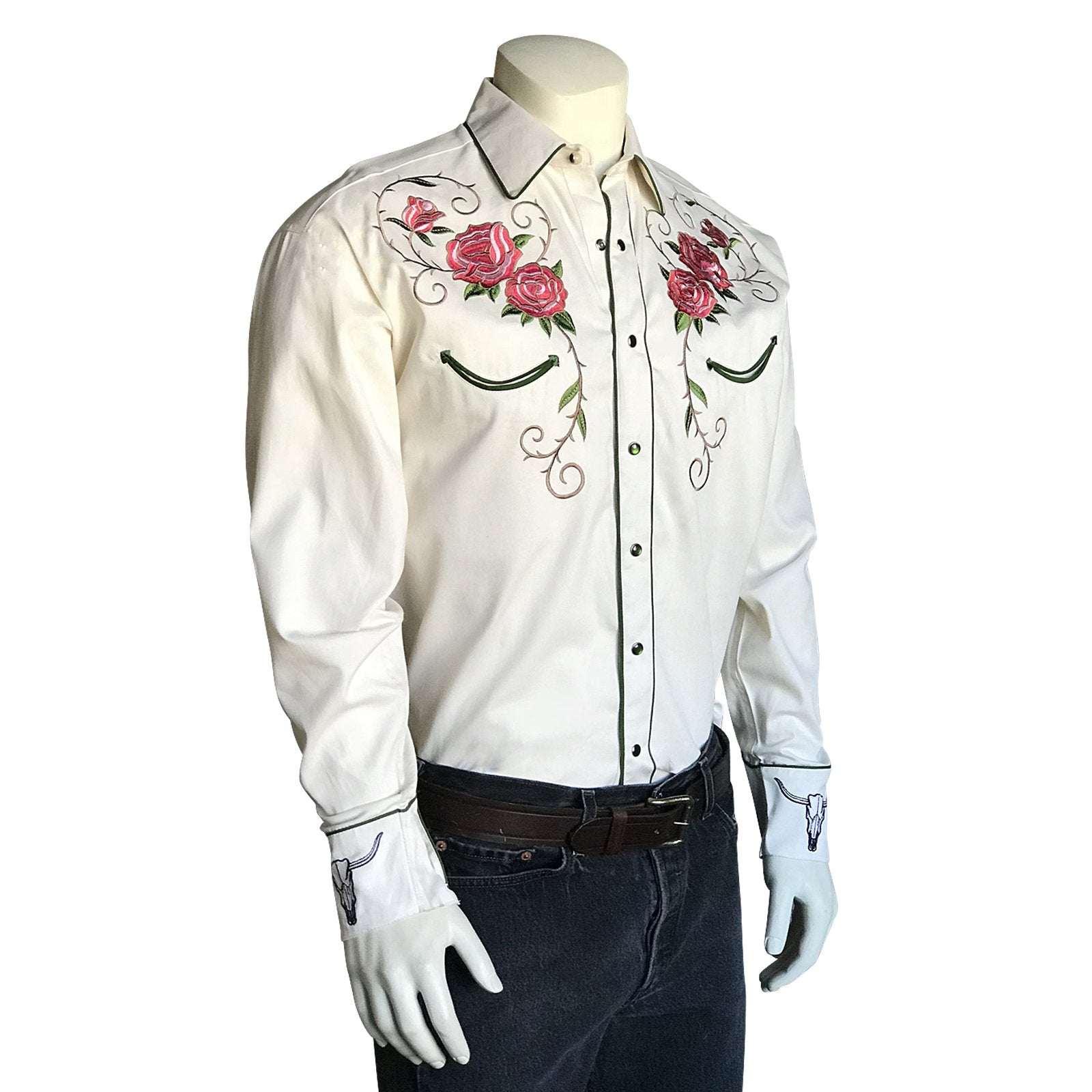 Rockmount Ranch Wear Mens Vintage Embroidery Floral and Longhorn Steer Skull Ivory Side