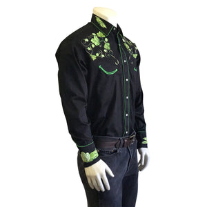 Vintage Inspired Western Men's Shirt Rockmount Ranch Wear Hops Black Side Tucked