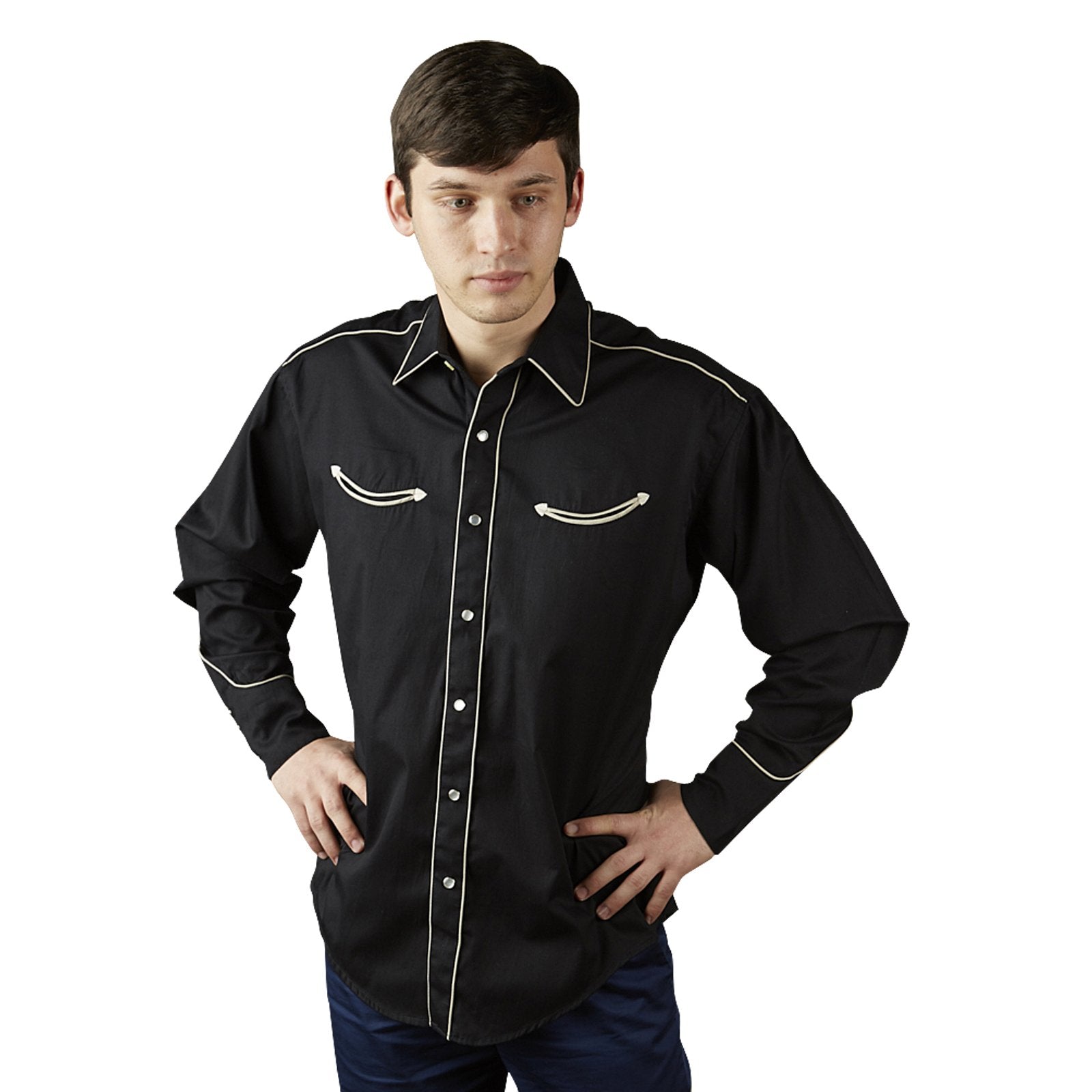 Rockmount Ranch Wear Men's Retro Shirt with Piping Black Front Tucked
