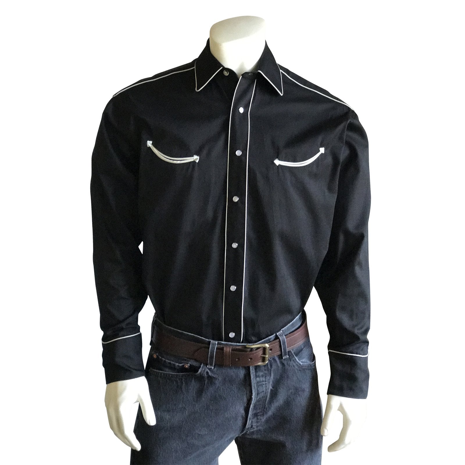 Rockmount Ranch Wear Men's Retro Shirt with Piping Black Front Tucked