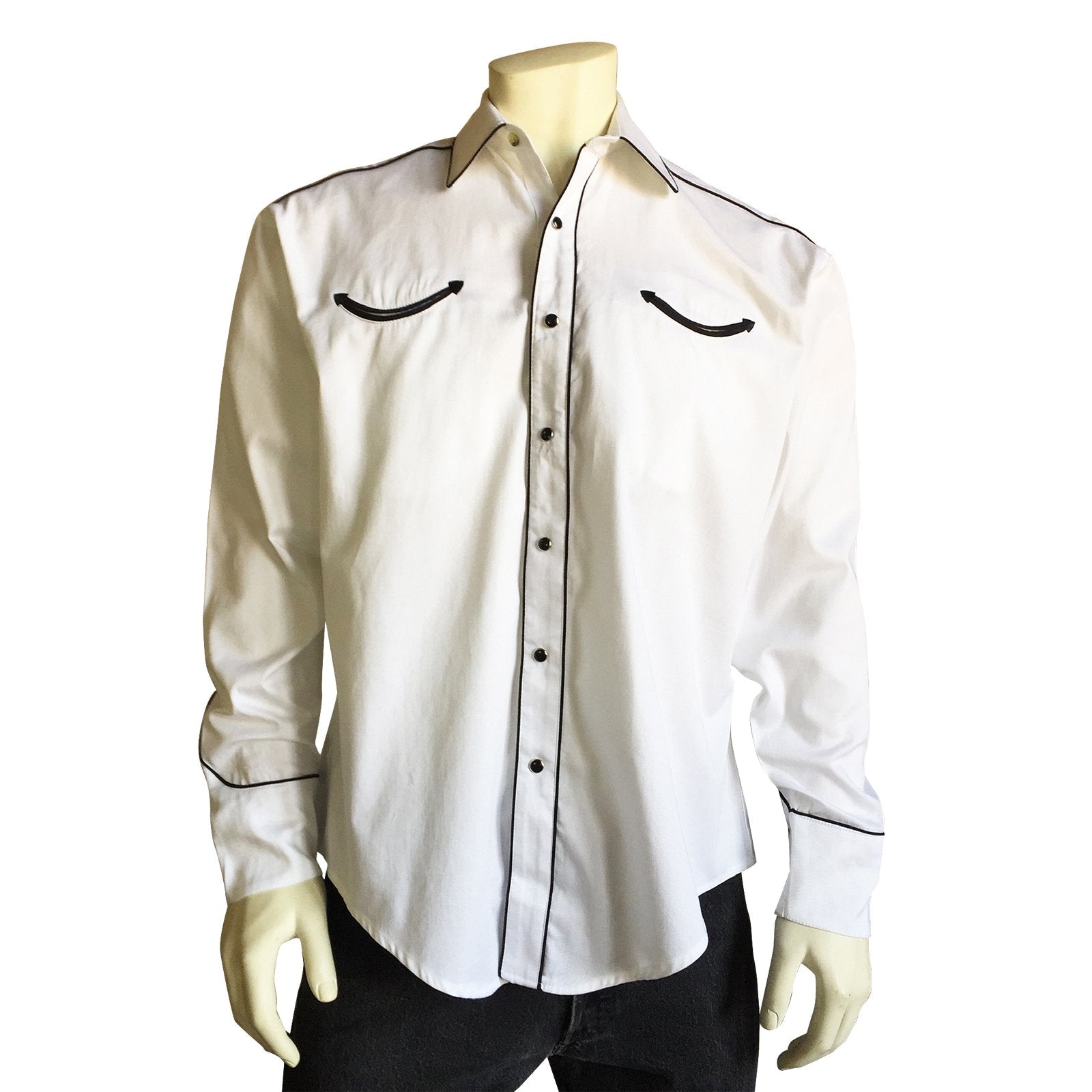Rockmount Ranch Wear Men's Vintage Inspired Western Shirt White Black Piping Front #176799B