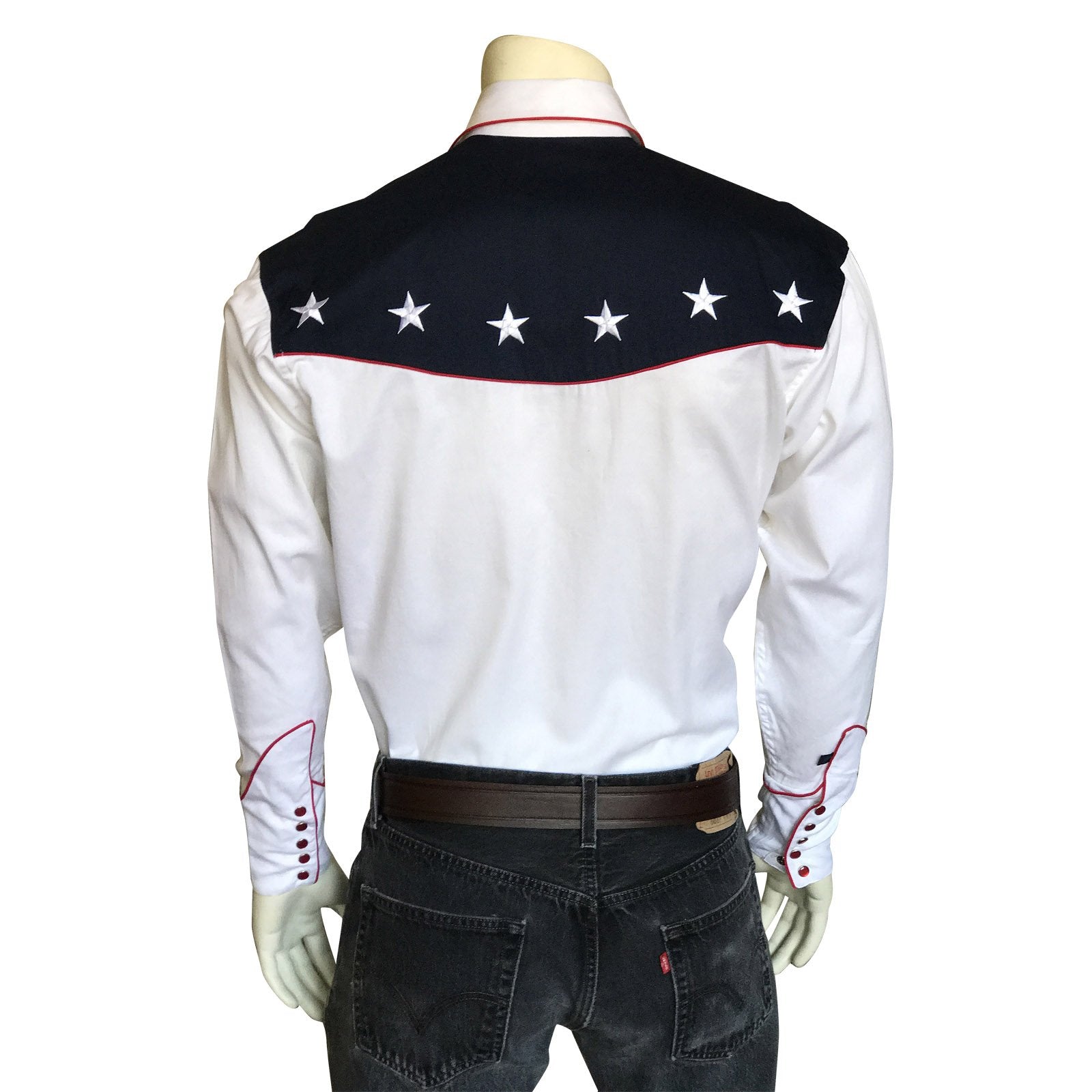 Rockmount Ranch Wear Men's Vintage Western Flag Shirt Back on Mannequin