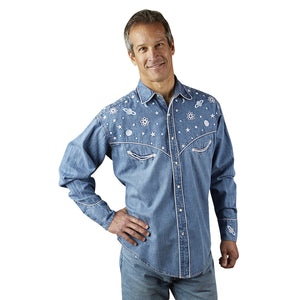 Vintage Inspired Rockmount Ranch Wear Men's Western Planet Shirt Denim Front