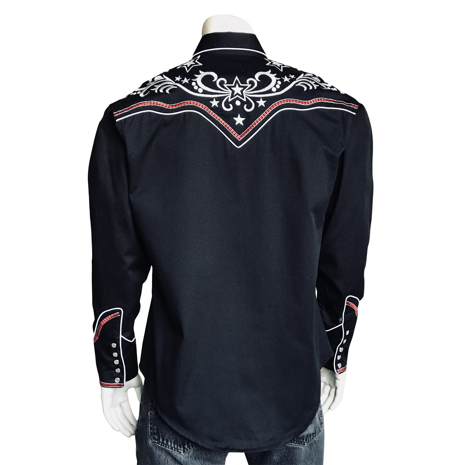 Rockmount Ranch Wear Men's Vintage Western Shirt Star & Scroll Embroidery Black Front