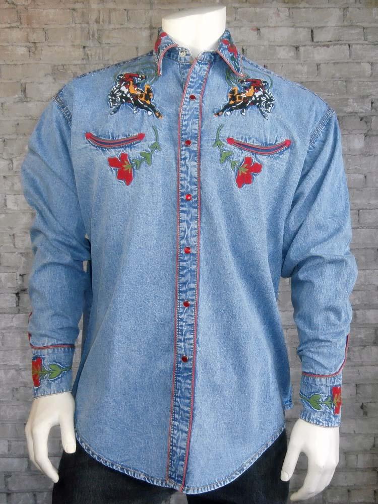 Rockmount Ranch Wear Men's Embroidered Bronc Denim Front #176840C