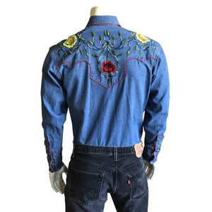 Rockmount Ranch Wear Men's Vintage Western Shirt Fancy Floral Denim Back on Mannequin