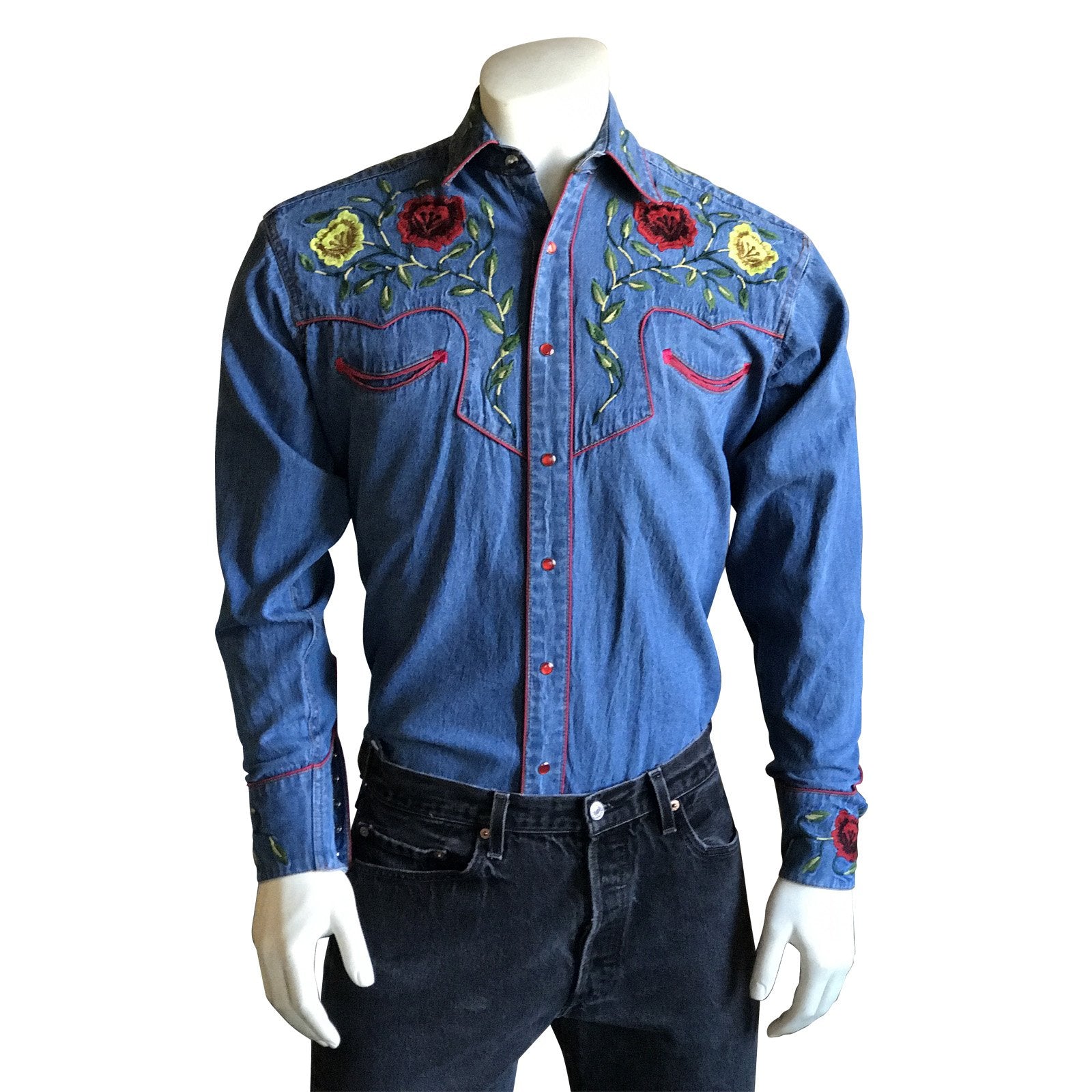 Rockmount Ranch Wear Men's Vintage Western Shirt Fancy Floral Denim Front