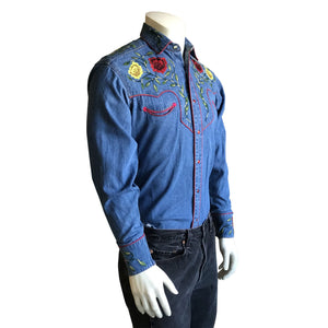 Rockmount Ranch Wear Men's Vintage Western Shirt Fancy Floral Denim Side on Mannequin
