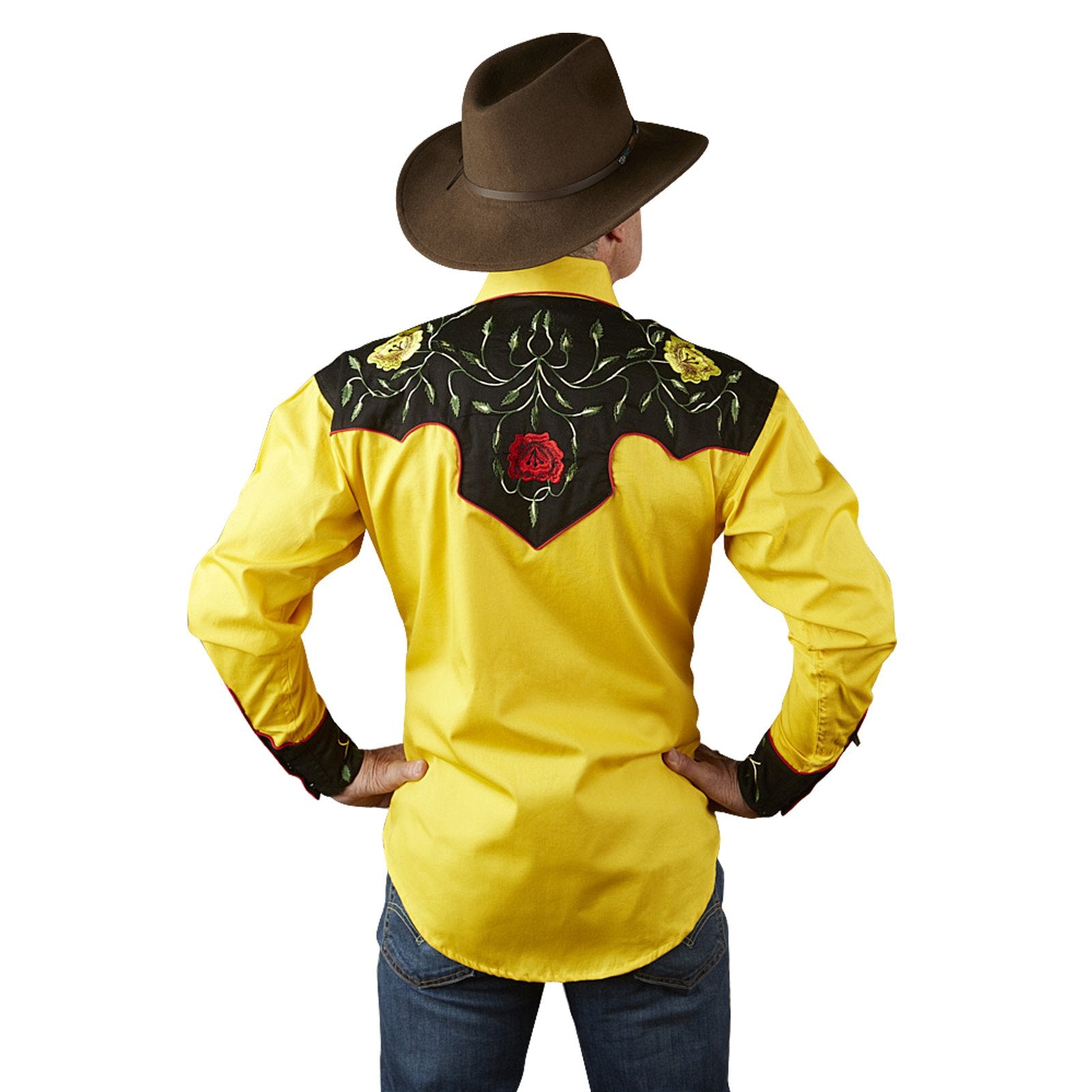Rockmount Ranch Wear Men's Vintage Western Shirt Floral on Gold Back on Model