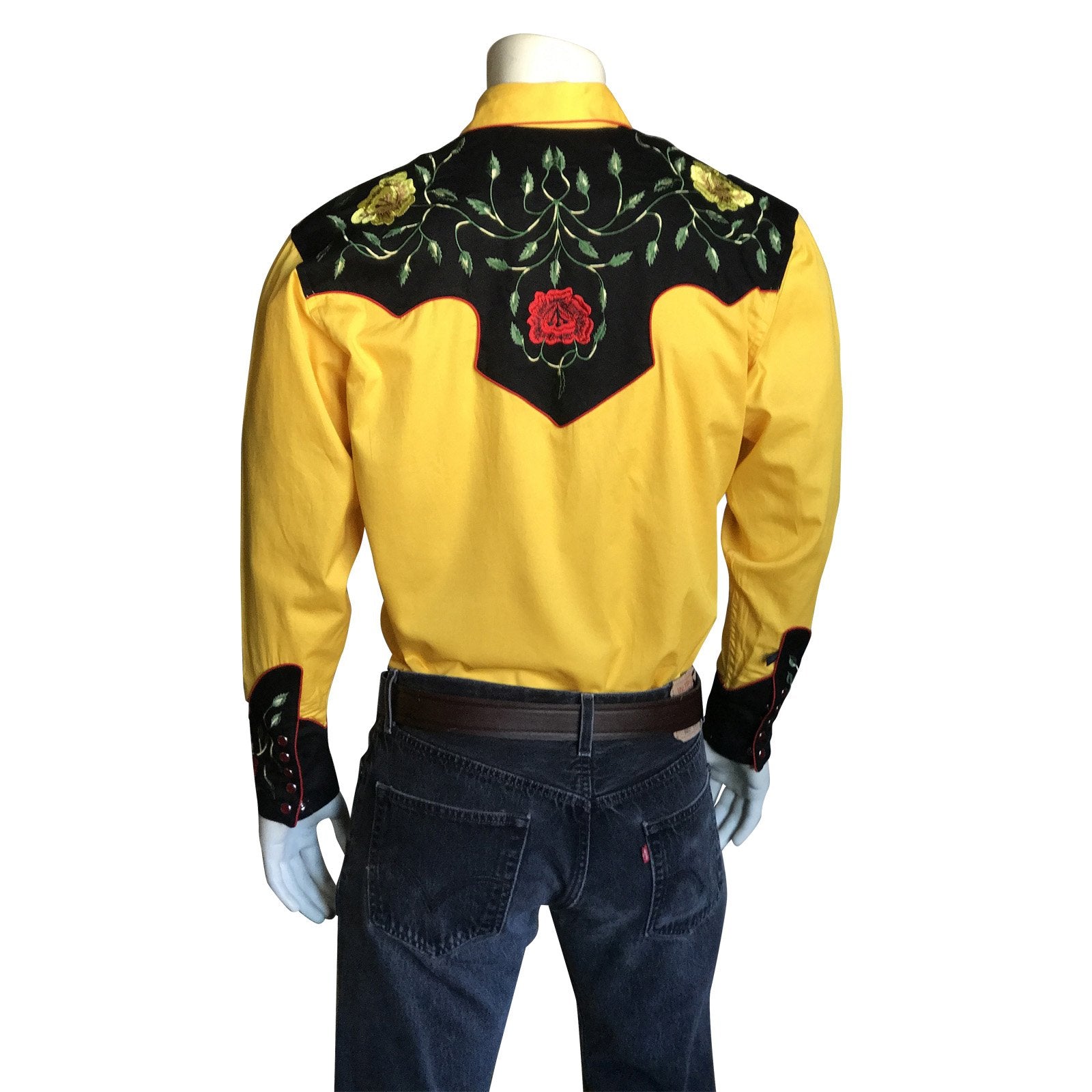 Rockmount Ranch Wear Men's Vintage Western Shirt Floral on Gold Back on Mannequin